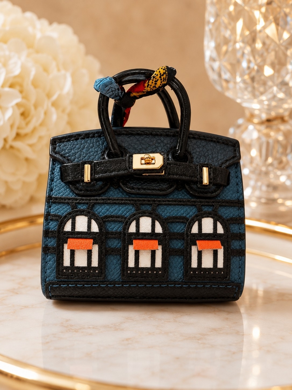 Blue and Black Mini Top-Handle Bag with Window Appliqué